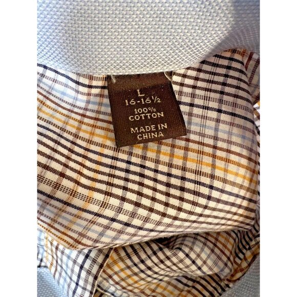 Tasso Elba Mens Shirts Lg 16-16.5 Blue Brown Button Up Plaid Contrast Cuff - Picture 8 of 8